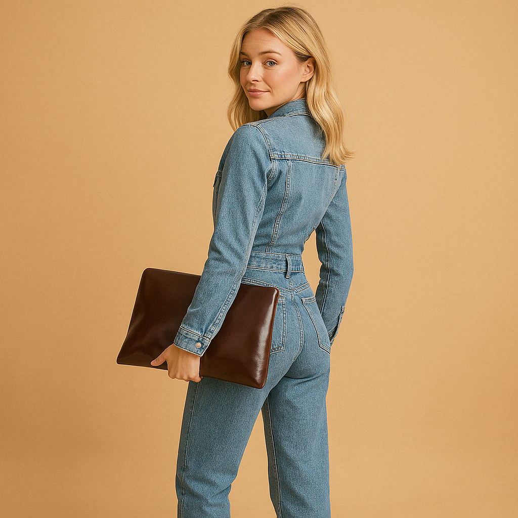 Blauwe denim jumpsuit dames met rechte pijpen en lange mouwen | Lara