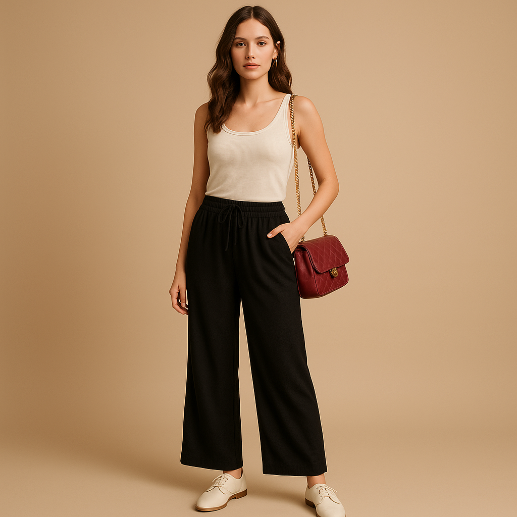 Luchtige damesbroek met elastische tailleband en losse pasvorm, geschikt voor zomerse casual of chique outfits.