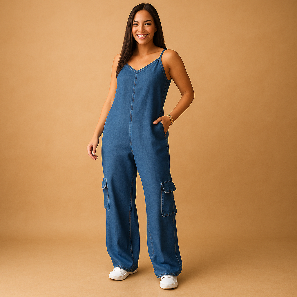 Stijlvolle denim jumpsuit voor dames met diepe V-hals, open rug en rechte pijpen – ideaal voor casual dagen of festivals.