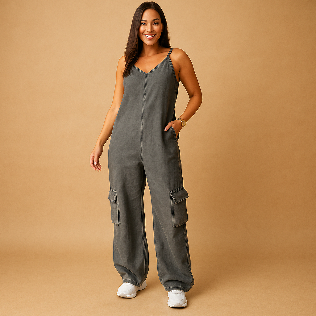 Stijlvolle denim jumpsuit voor dames met diepe V-hals, open rug en rechte pijpen – ideaal voor casual dagen of festivals.