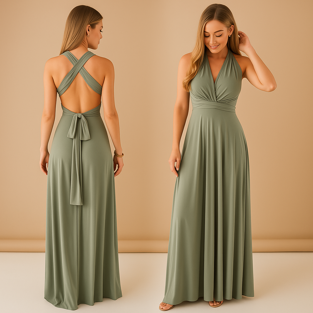 Dames wikkeljurk met overlengte bandjes en 20 draagopties, perfect voor bruiloften, diners en speciale gelegenheden