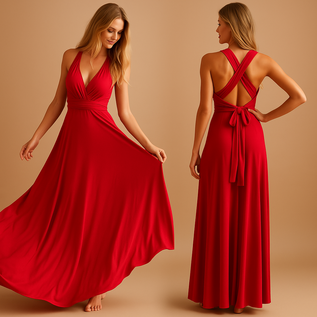 Dames wikkeljurk met overlengte bandjes en 20 draagopties, perfect voor bruiloften, diners en speciale gelegenheden