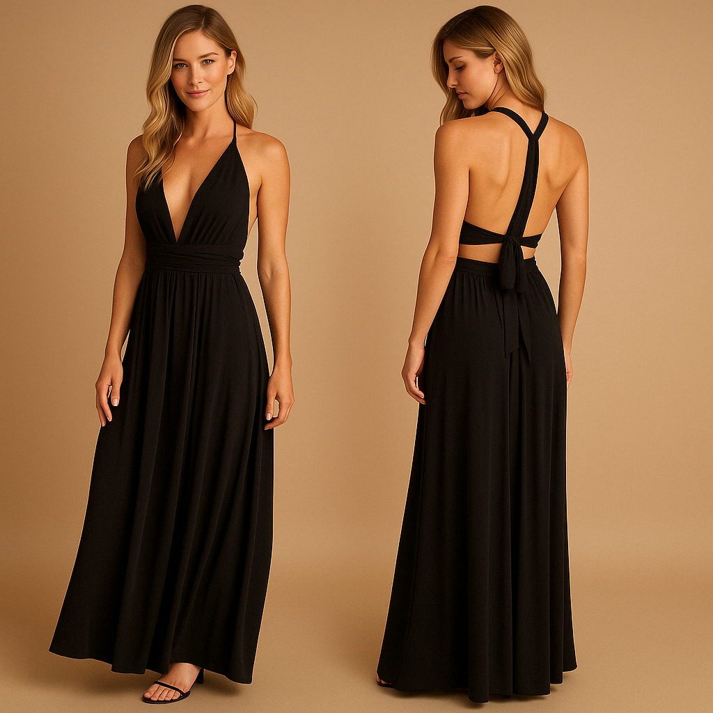 Dames wikkeljurk met overlengte bandjes en 20 draagopties, perfect voor bruiloften, diners en speciale gelegenheden