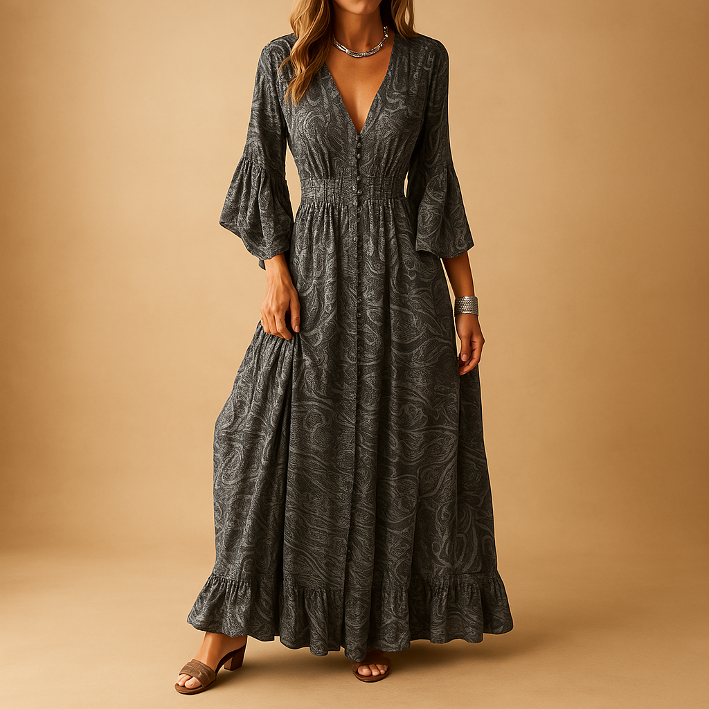 Dames boho-jurk in lange, luchtige stijl met elegante pasvorm, perfect voor casual dagen of feestelijke gelegenheden.