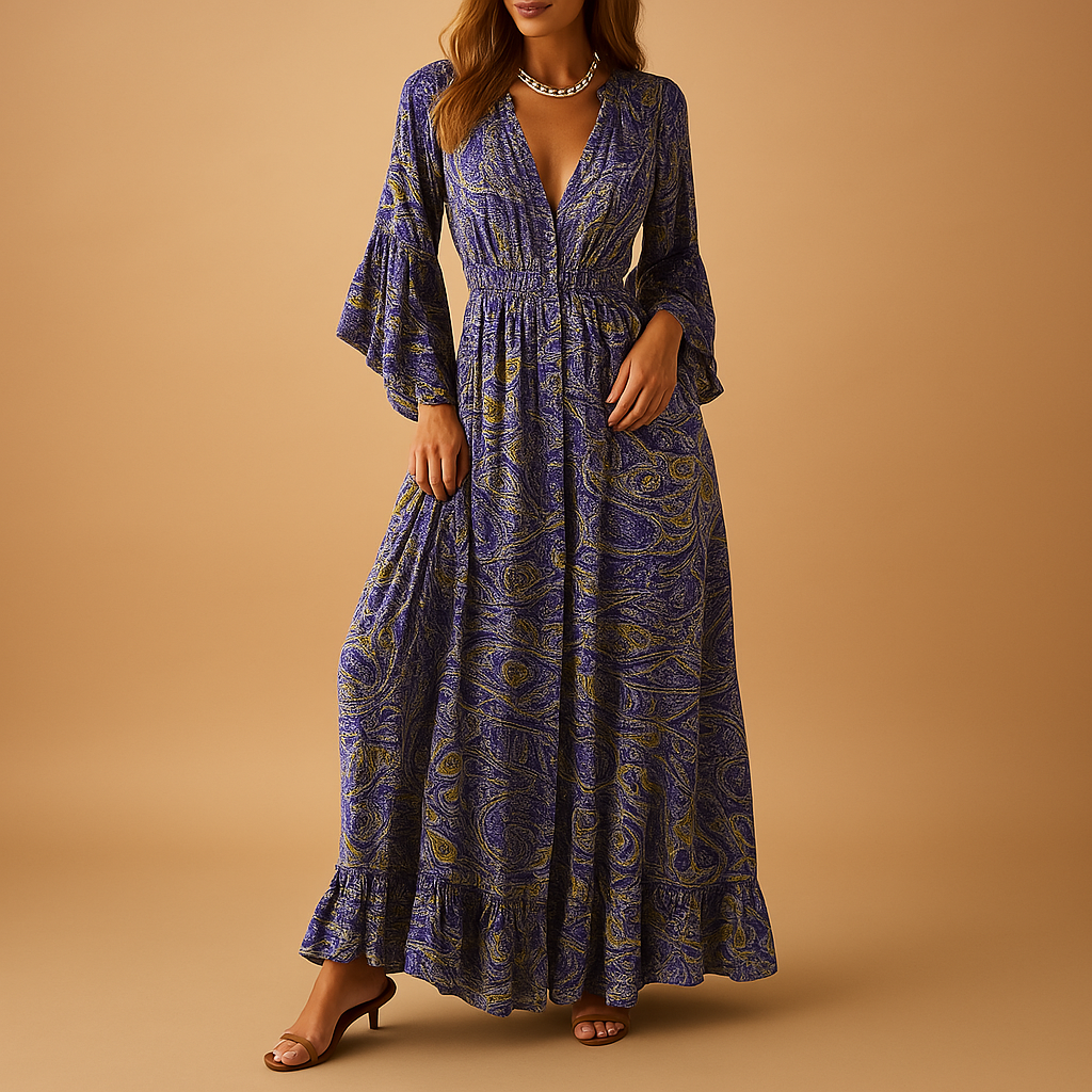 Dames boho-jurk in lange, luchtige stijl met elegante pasvorm, perfect voor casual dagen of feestelijke gelegenheden.