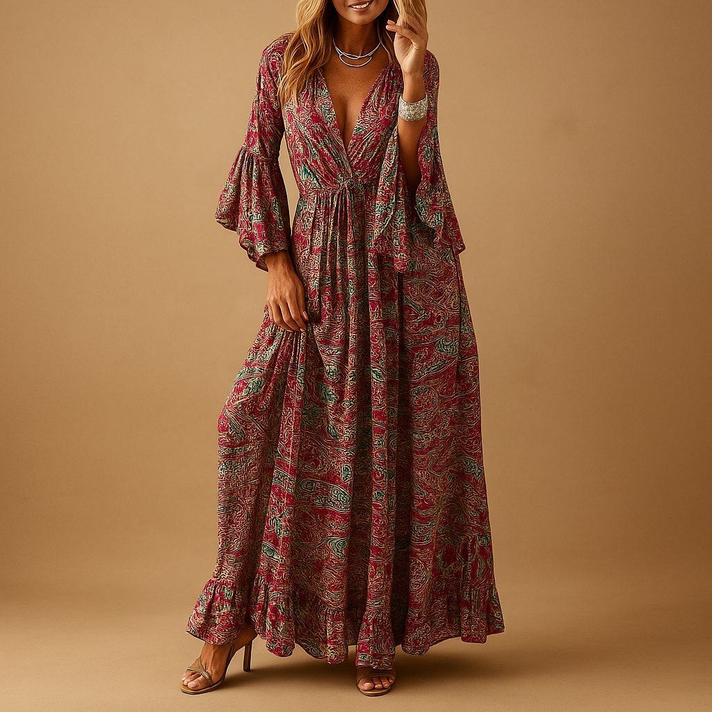 Dames boho-jurk in lange, luchtige stijl met elegante pasvorm, perfect voor casual dagen of feestelijke gelegenheden.