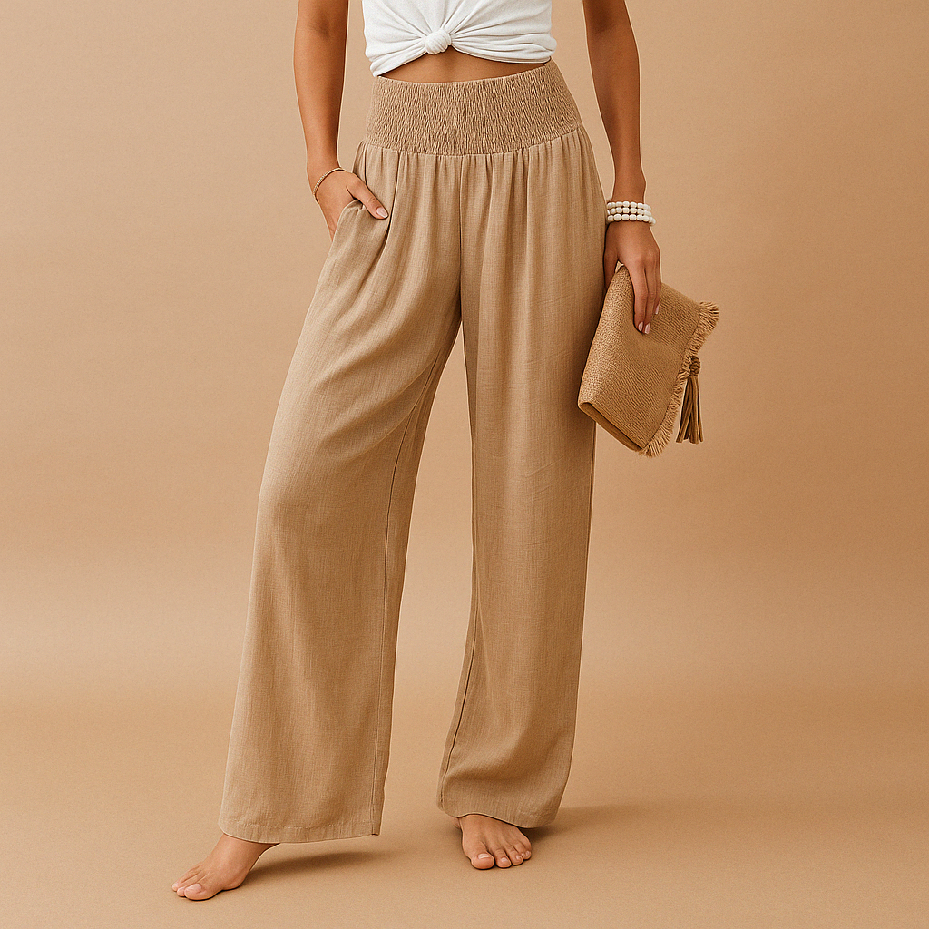 Linnen broek voor dames met elastische taille en rechte pijpen in verschillende kleuren – perfect voor zomerse en casual outfits.