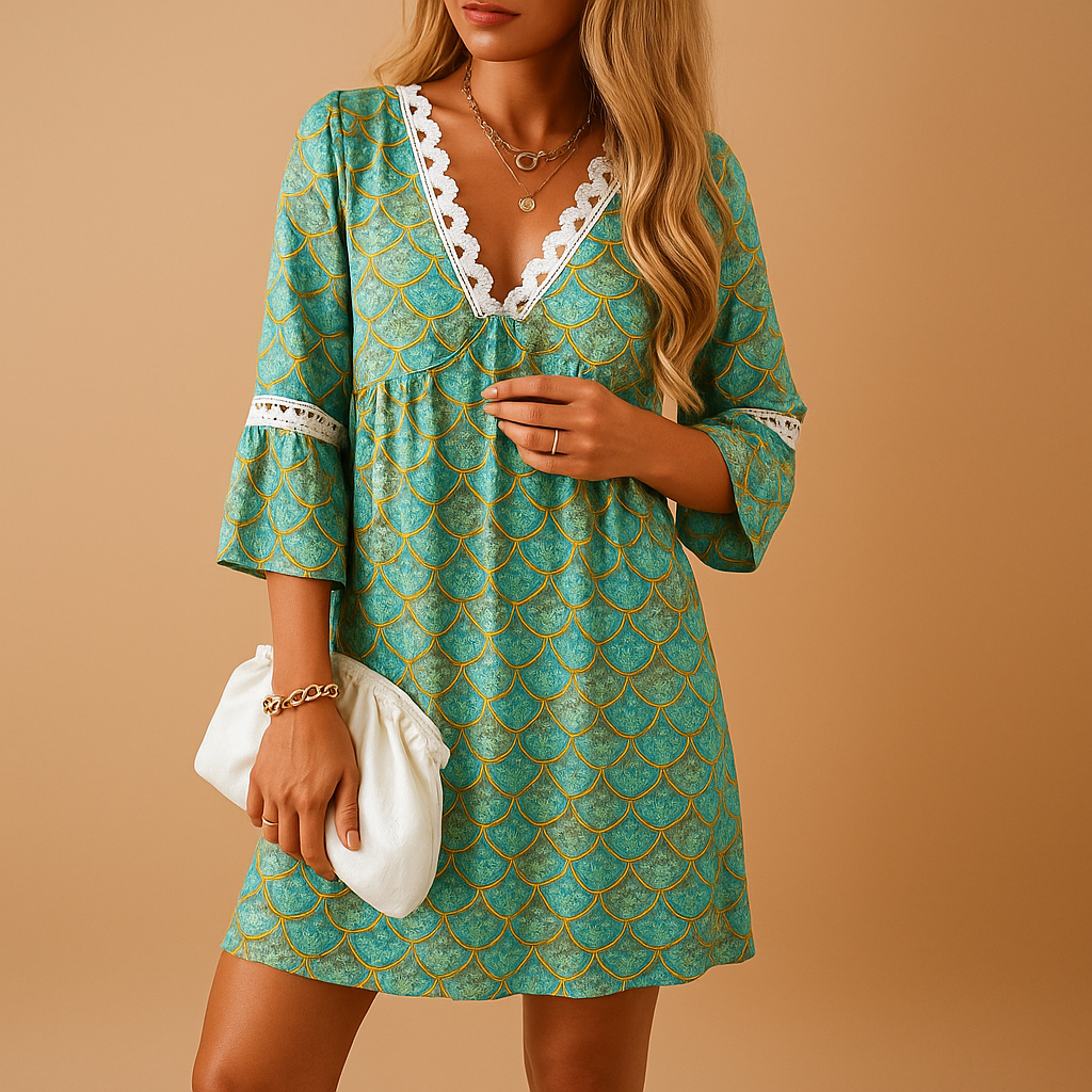 Dames zomerjurk met korte mouwen en vrolijke prints, perfect voor zonnige dagen en casual gelegenheden