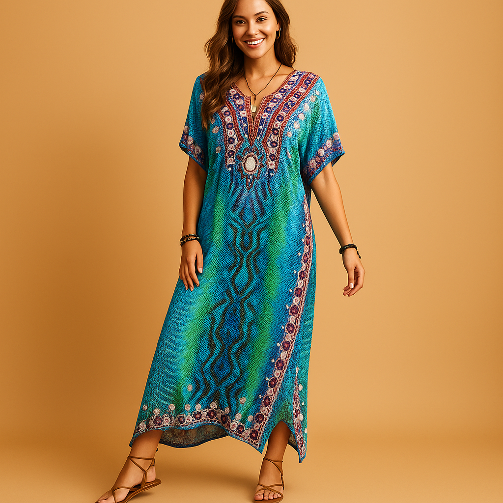 Comfortabele maxi-jurk voor dames in ademende stof met flatterende pasvorm, ideaal voor lente- en zomerdagen.