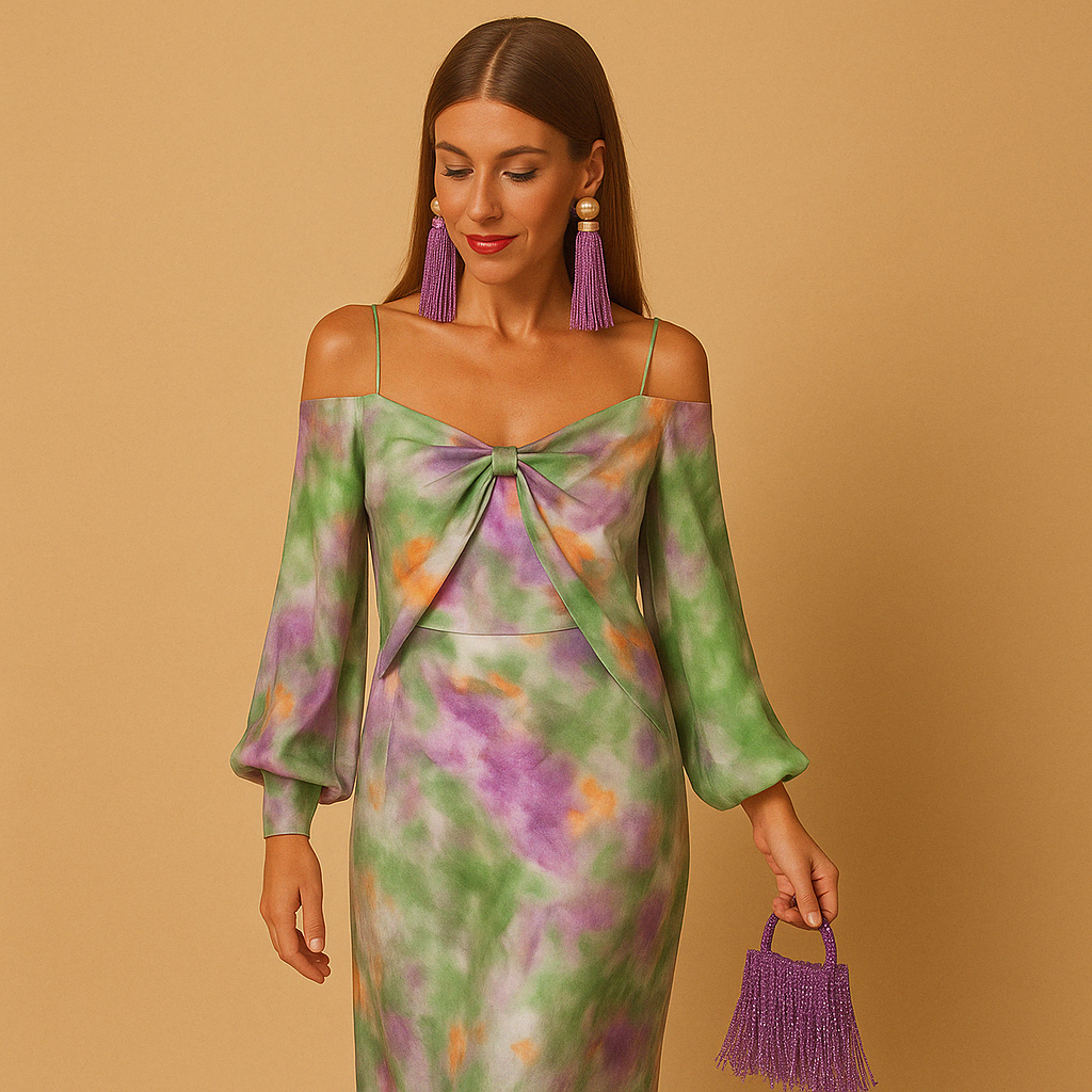 Dames maxi-jurk met diepe V-hals en uniek geverfd patroon, ideaal voor zomerse feesten en elegante gelegenheden