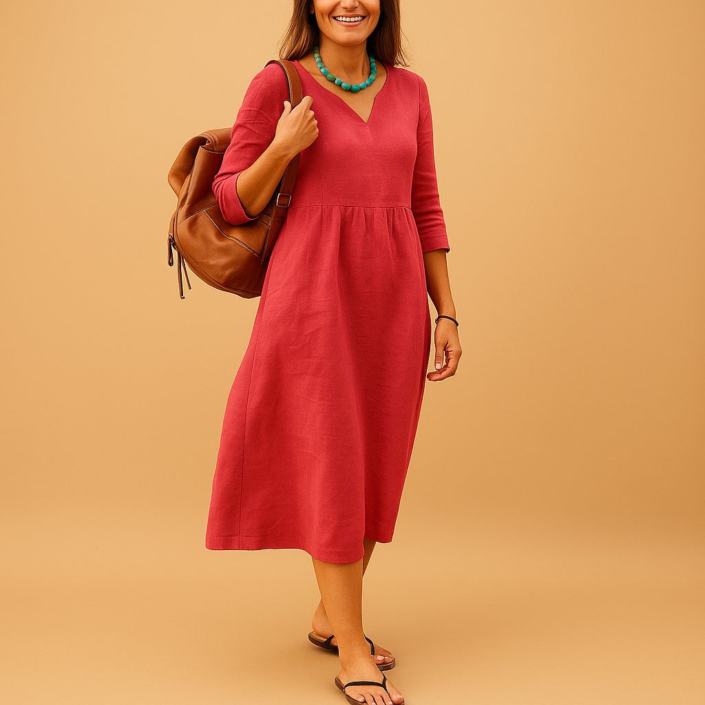 Hoog getailleerde dames midi-jurk met V-hals en halflange mouwen, geschikt voor formele en casual gelegenheden.