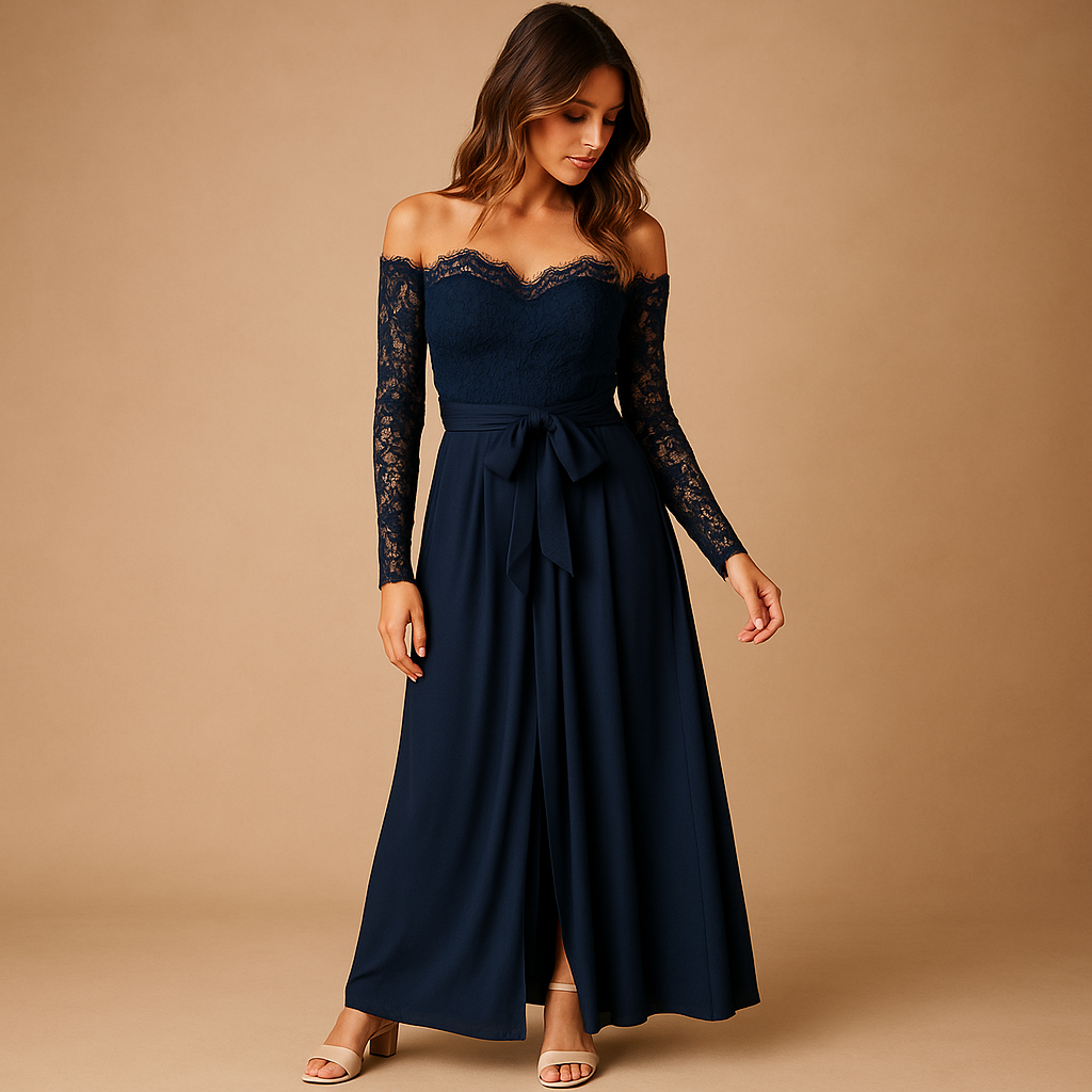 Off-shoulder dames jumpsuit met kanten details en split in marineblauw, perfect voor galafeesten en elegante avonden.