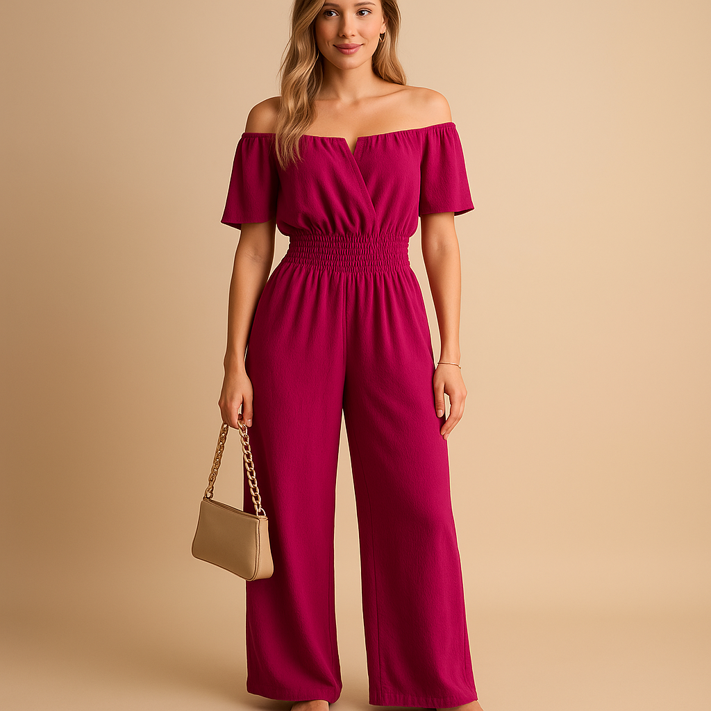 Dames jumpsuit met off-shoulder ontwerp, geplooide details en elastische taille, perfect voor casual zomeroutfits en feestelijke gelegenheden.