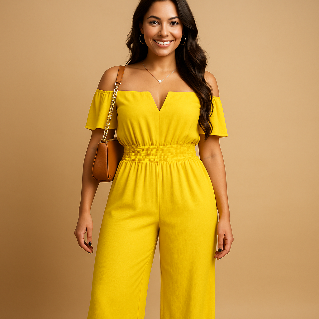 Dames jumpsuit met off-shoulder ontwerp, geplooide details en elastische taille, perfect voor casual zomeroutfits en feestelijke gelegenheden.