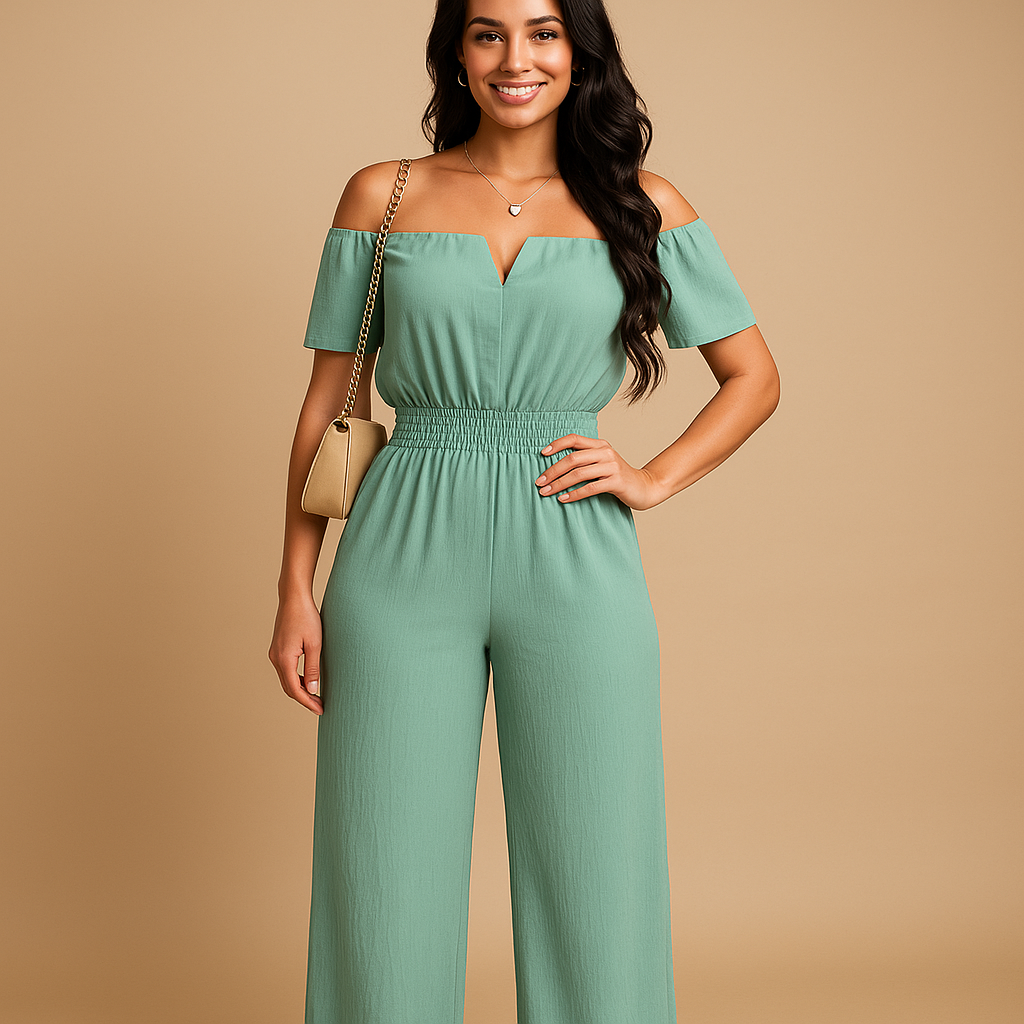 Dames jumpsuit met off-shoulder ontwerp, geplooide details en elastische taille, perfect voor casual zomeroutfits en feestelijke gelegenheden.