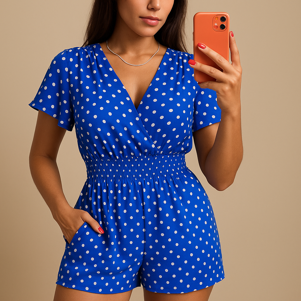 Dames jumpsuit met polkadotprint en zakken in donkerblauw, blauw en zwart – perfect voor zomerse casual dagen of een avondje uit.