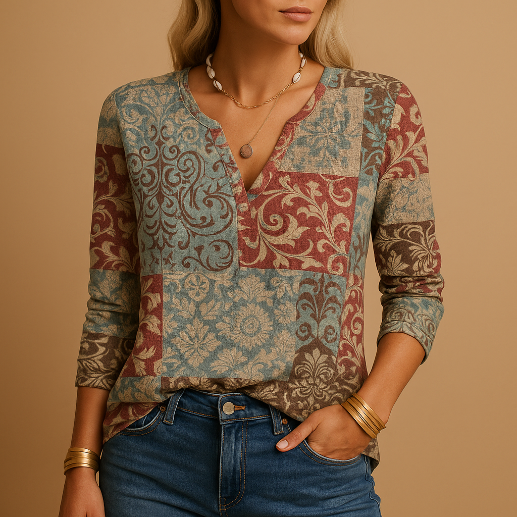 Stijlvolle dames top met lange mouwen, patchwork en streeppatronen, perfect voor casual en trendy outfits.