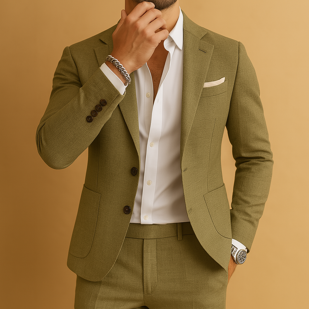 Stijlvol ademend kostuum voor heren met slanke pasvorm, perfect voor werk, formele gelegenheden of dagelijkse elegantie.