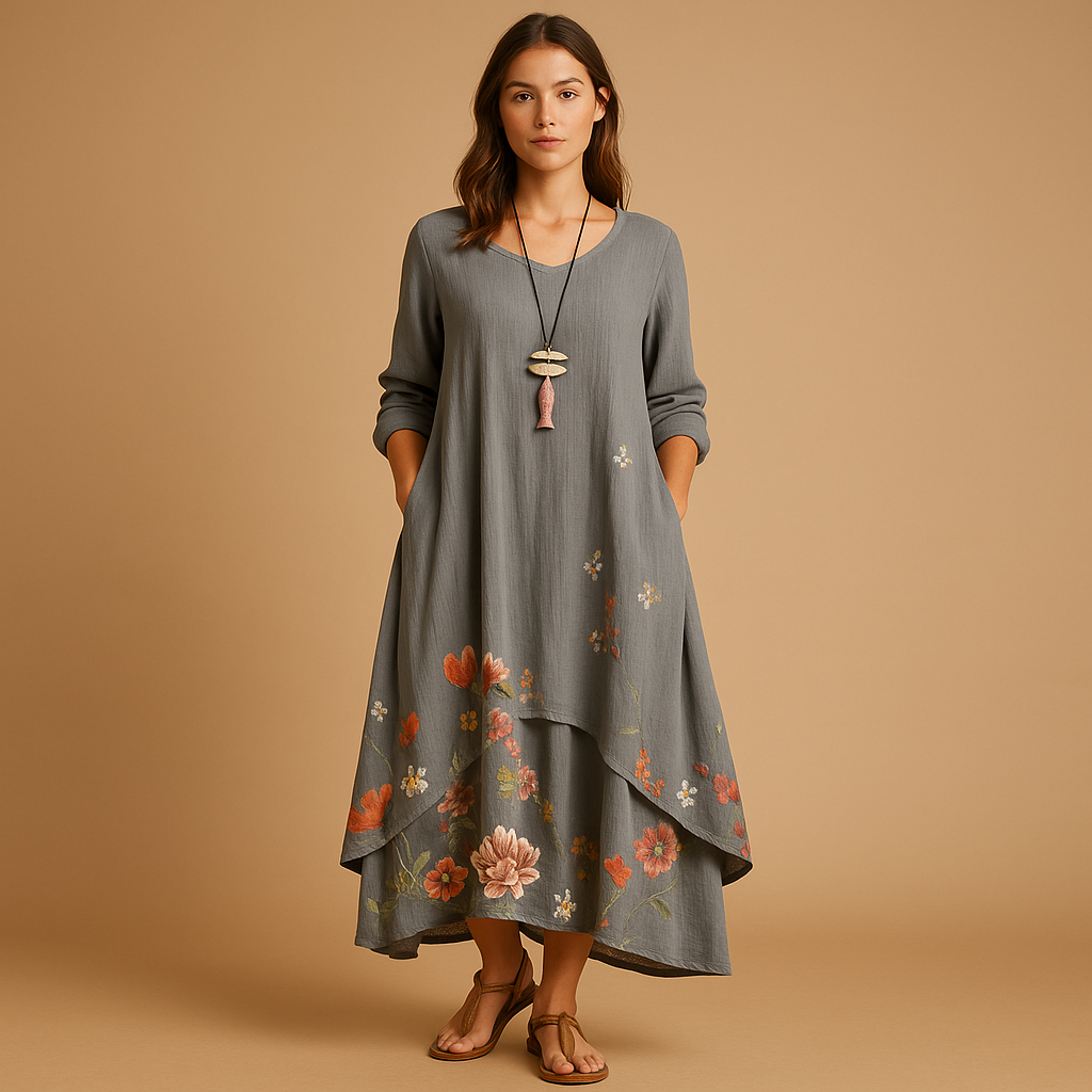 Ademend katoenen A-lijn jurk voor dames in duurzaam materiaal met flatterende pasvorm, geschikt voor elk seizoen en elke gelegenheid.