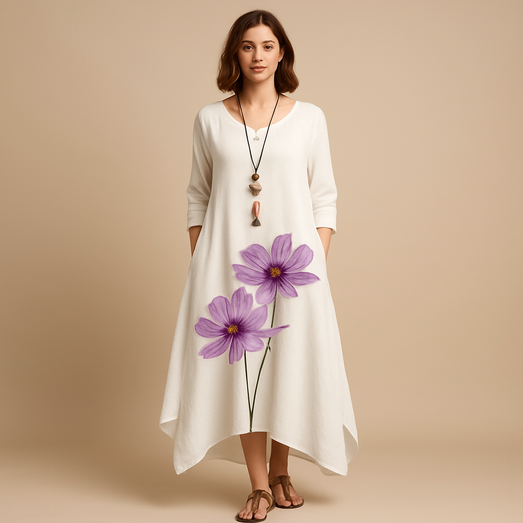 Ademend katoenen A-lijn jurk voor dames in duurzaam materiaal met flatterende pasvorm, geschikt voor elk seizoen en elke gelegenheid.