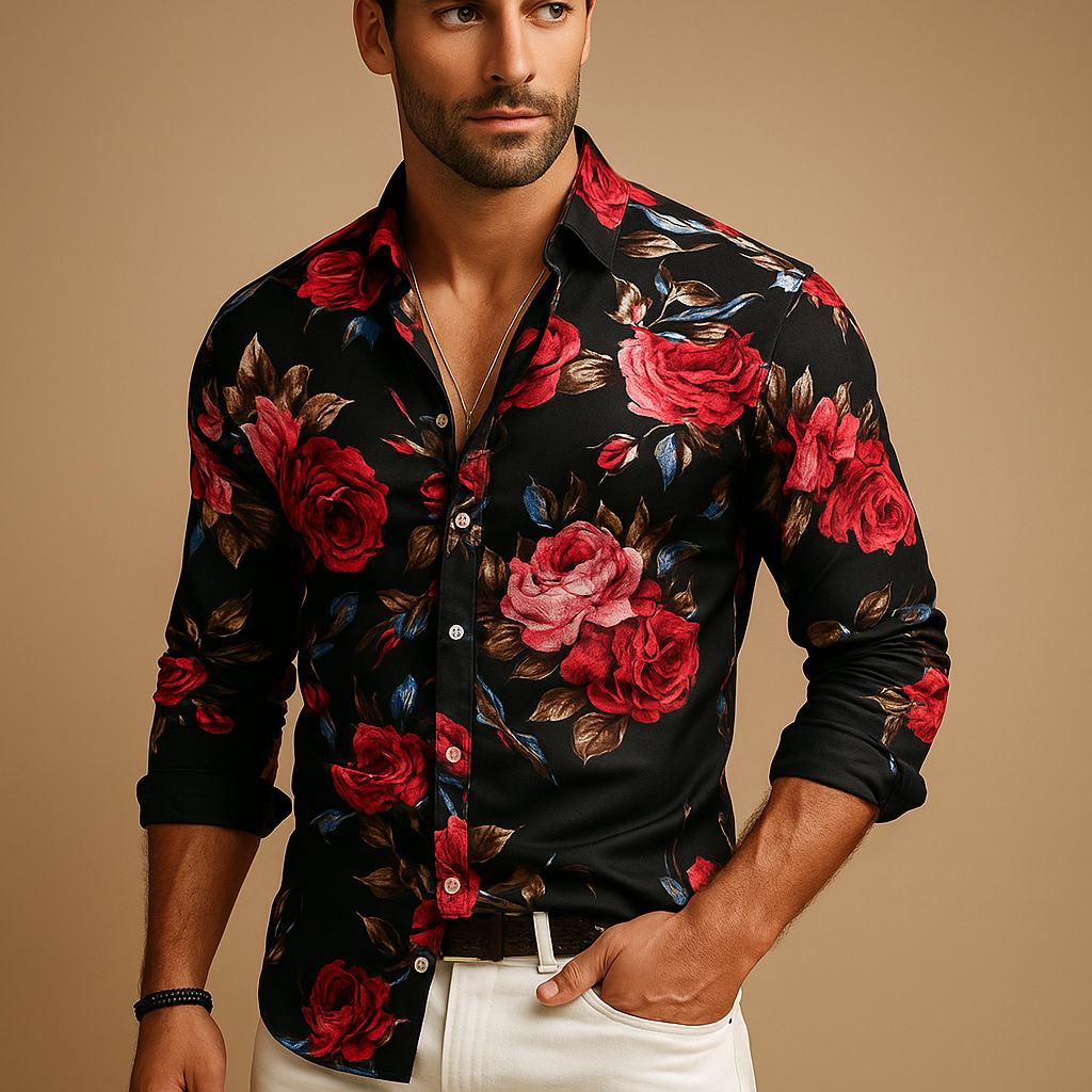 Heren bloemenoverhemd met moderne pasvorm en opvallende print in zwart, blauw of rood – perfect voor casual en semi-formele outfits.