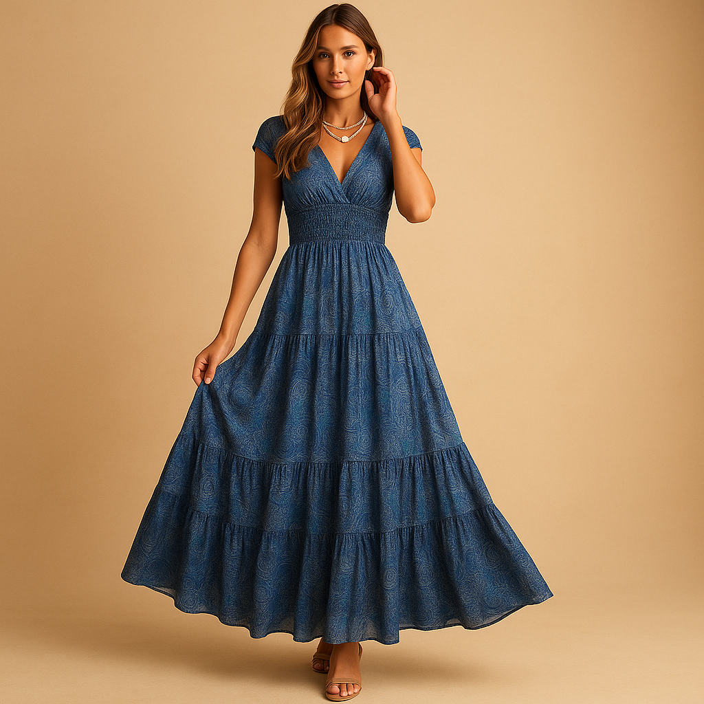 Elegante dames maxi-jurk met bloemenprint en rucheskraag, ideaal voor feestjes, etentjes of een stijlvolle daglook