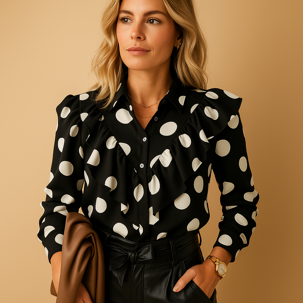 Elegante dames blouse met V-hals en ruches in zachte stof, ideaal voor casual en formele gelegenheden.