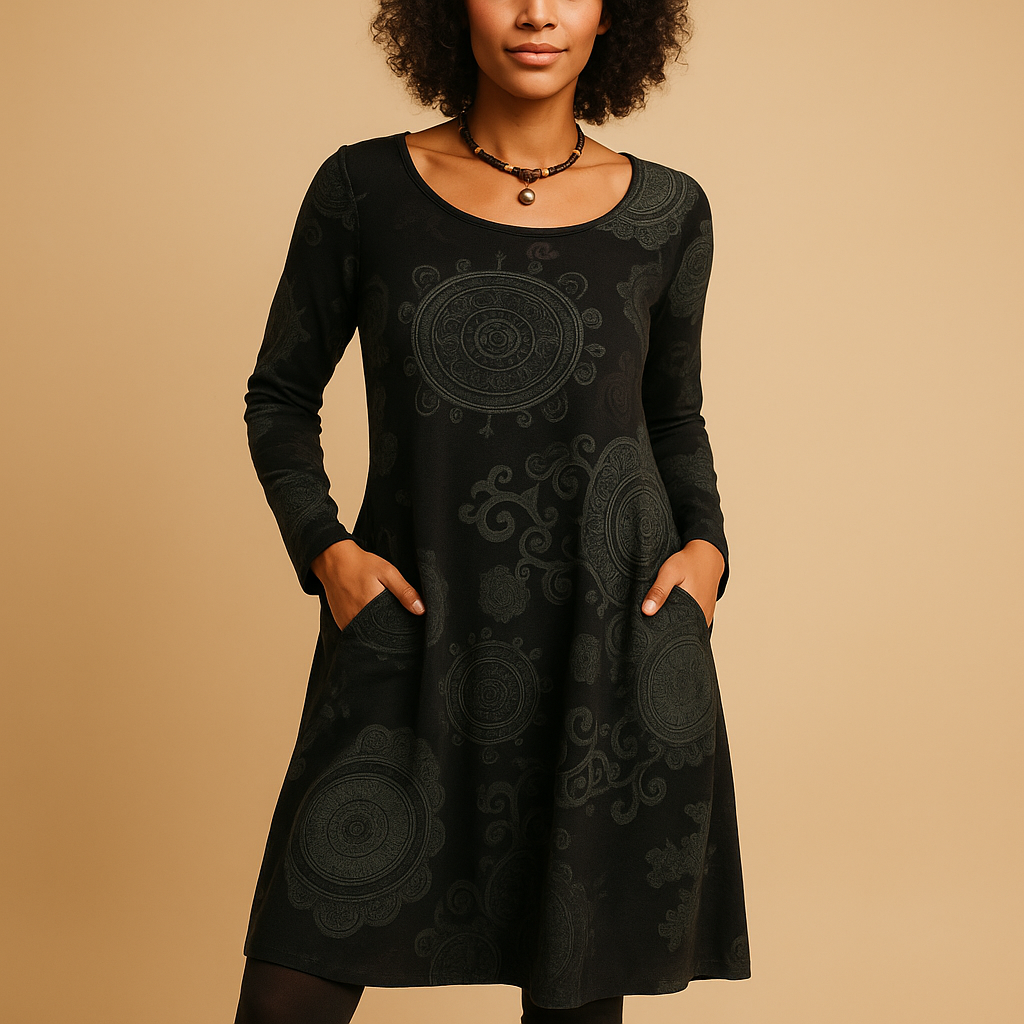 Bohemian maxi-jurk voor dames met lange mouwen en zakken in rood, zwart, blauw of groen – perfect voor casual of avondlooks.