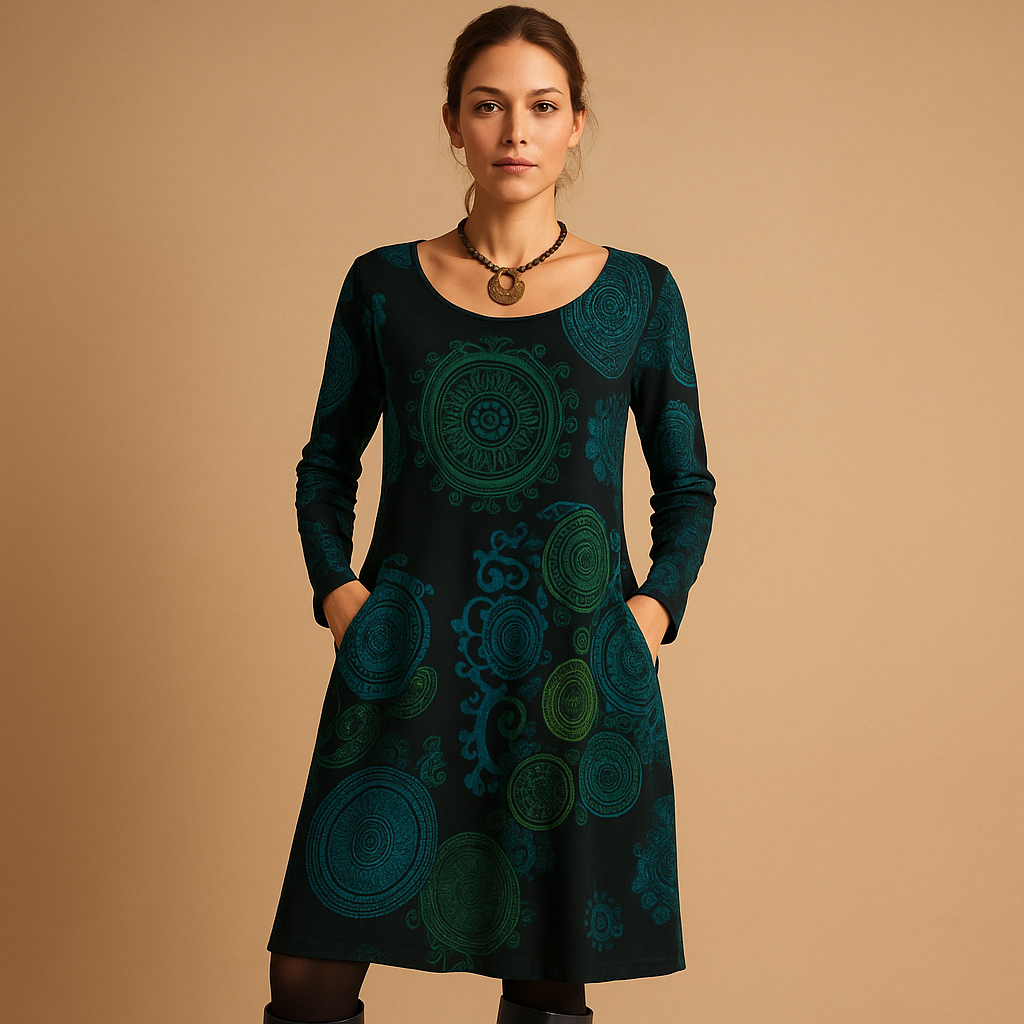 Bohemian maxi-jurk voor dames met lange mouwen en zakken in rood, zwart, blauw of groen – perfect voor casual of avondlooks.