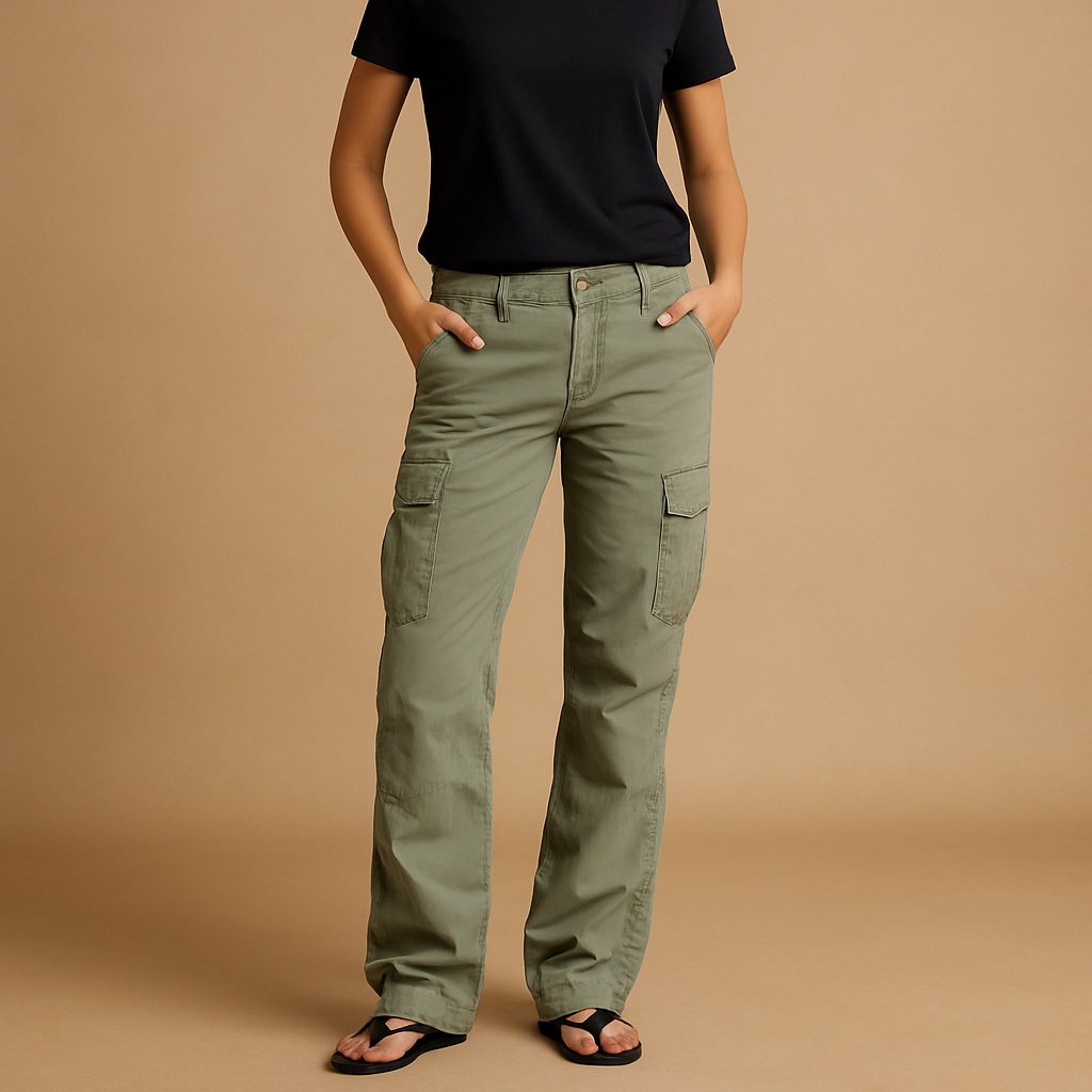 Dames cargo broek in rood en groen met ruime zakken, perfect voor casual outfits met praktische flair.