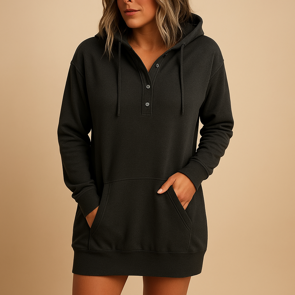 Casual hoodie-jurk voor dames in effen kleur met losse pasvorm, perfect voor streetwear, reizen en dagelijkse outfits.