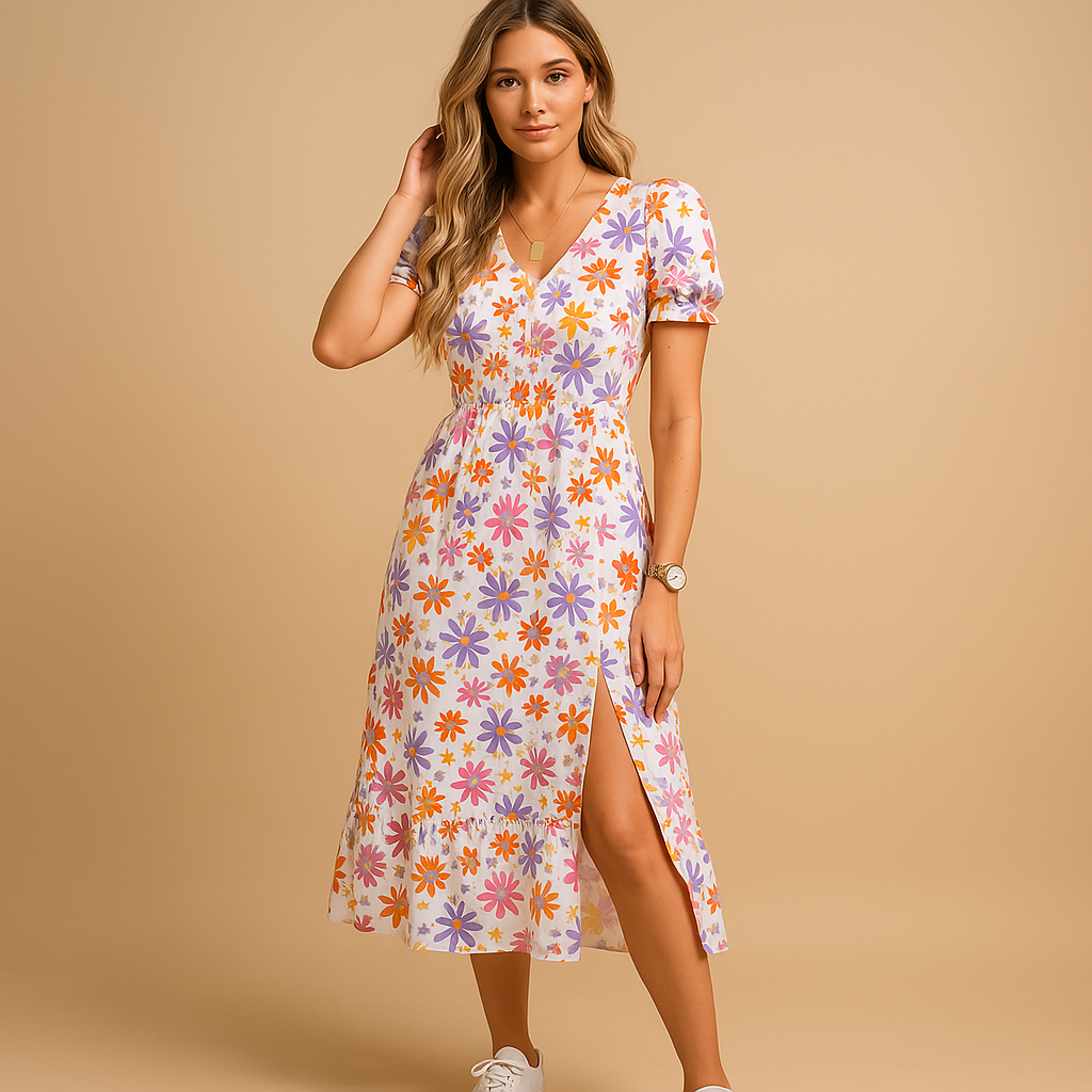 Casual maxi-jurk voor dames met V-hals, lange rok met split en opvallende print, ideaal voor zomerse gelegenheden