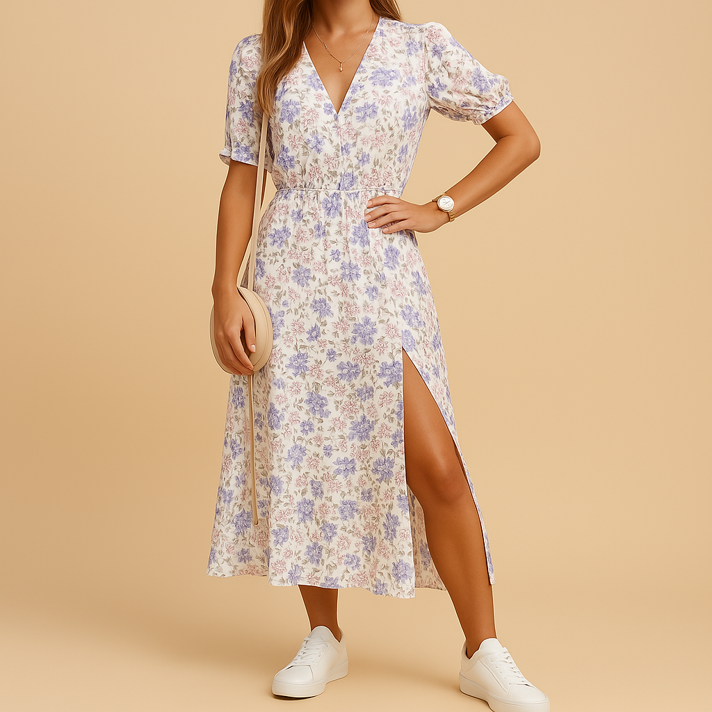 Casual maxi-jurk voor dames met V-hals, lange rok met split en opvallende print, ideaal voor zomerse gelegenheden