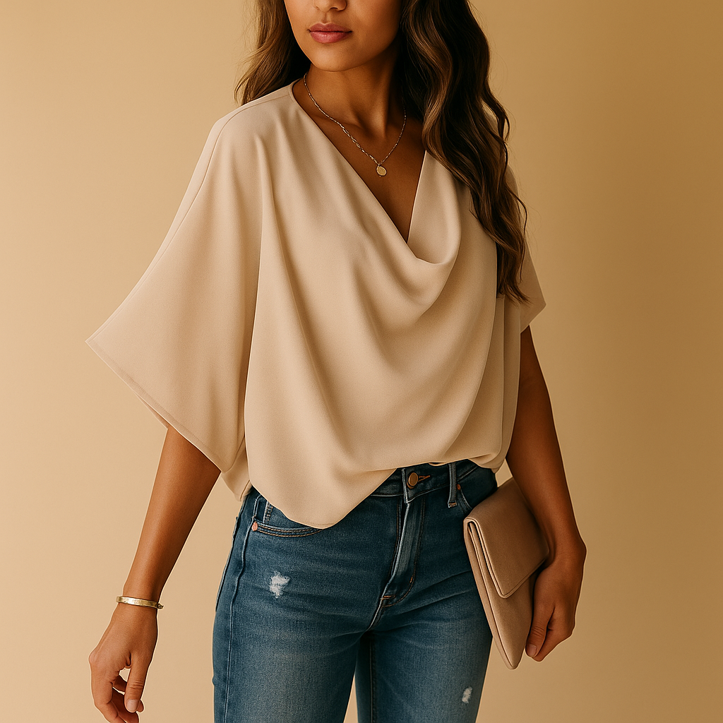 Luchtige dames blouse van chiffon met vleermuismouwen en V-hals in zachte kleuren, ideaal voor dagelijks gebruik of een avondje uit