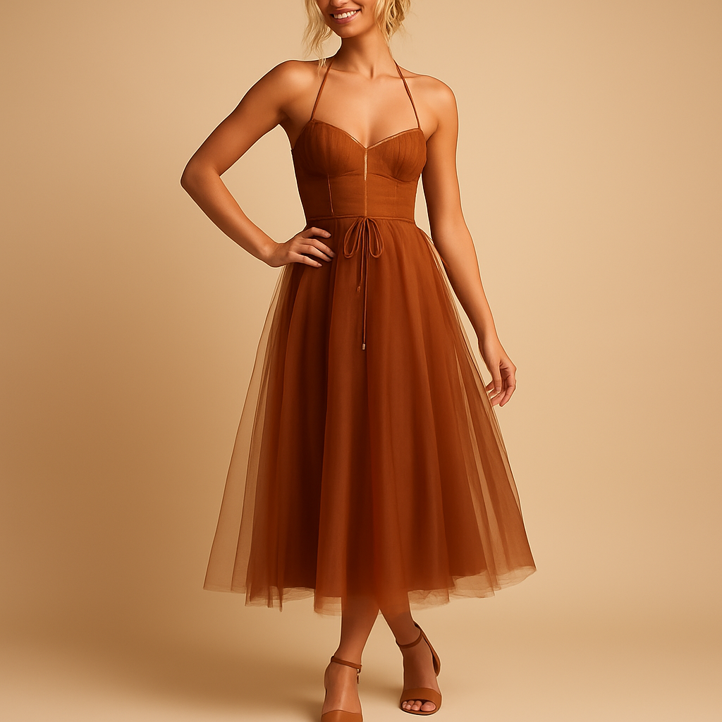 Chiffon maxi-jurk voor dames met tule-overlay, ronde hals en elegante uitstraling, perfect voor bruiloften en formele gelegenheden.