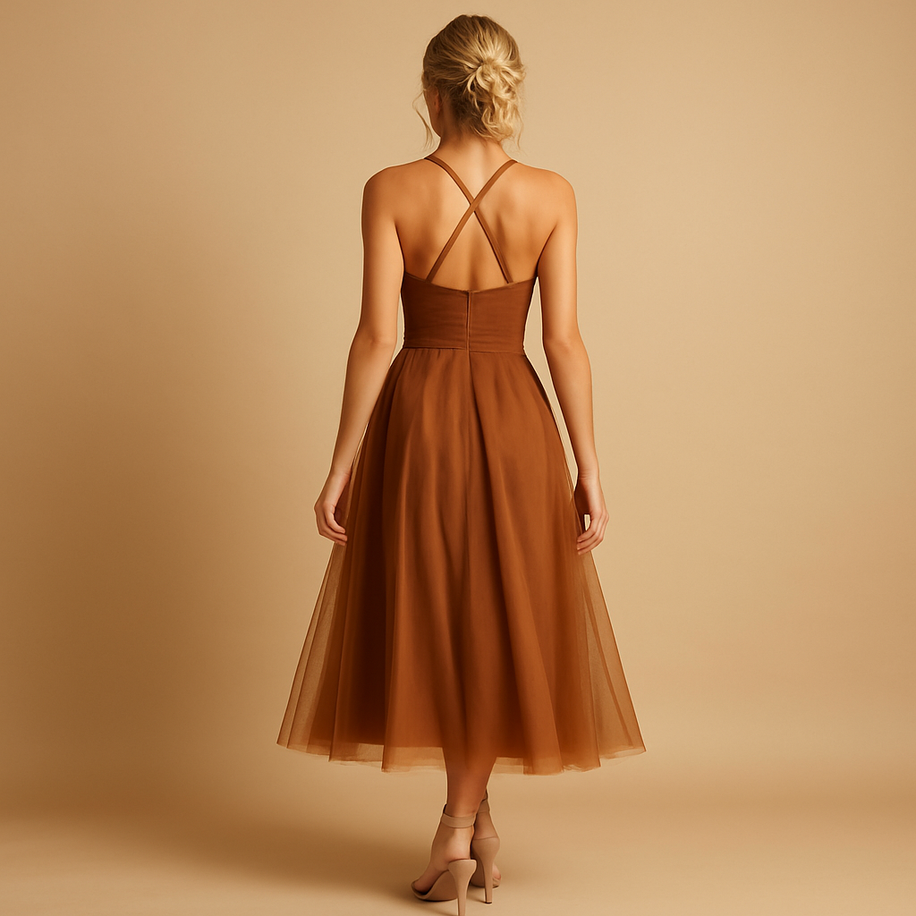 Chiffon maxi-jurk voor dames met tule-overlay, ronde hals en elegante uitstraling, perfect voor bruiloften en formele gelegenheden.