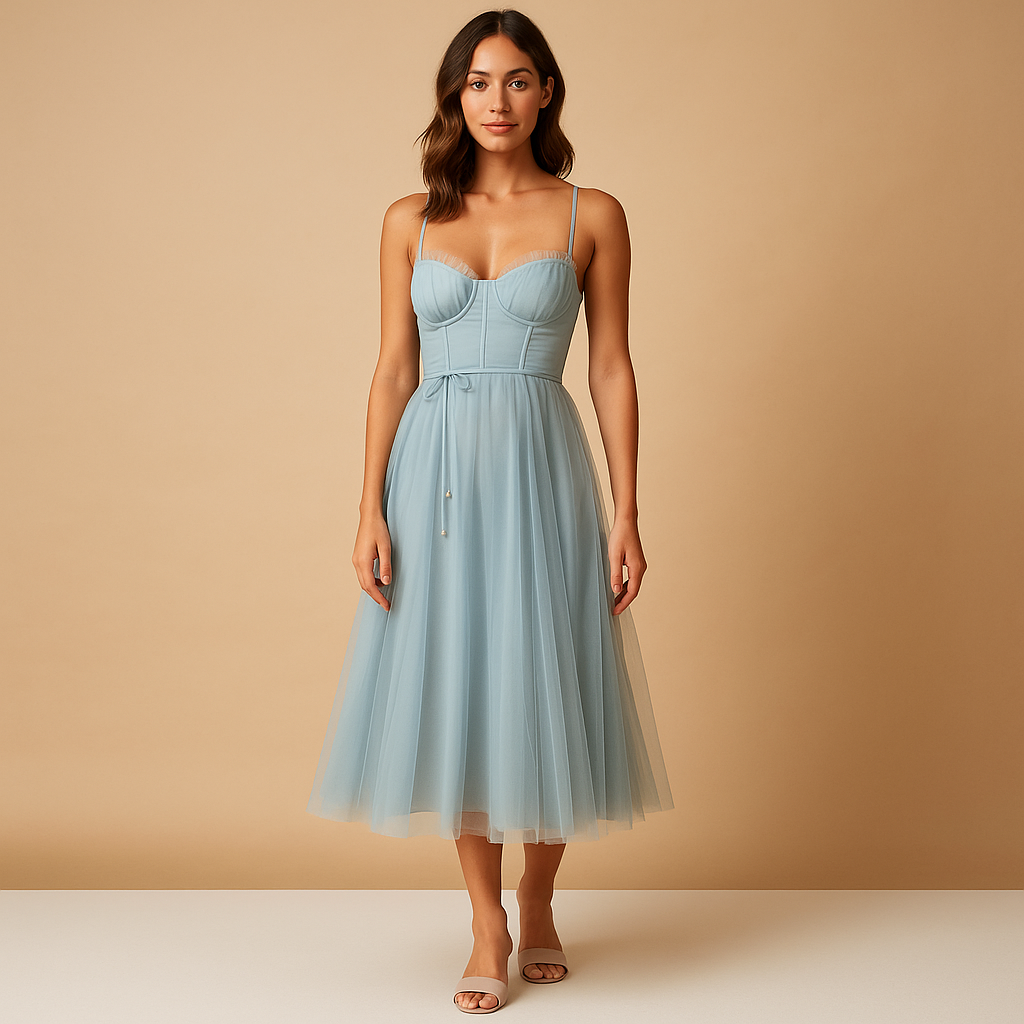 Chiffon maxi-jurk voor dames met tule-overlay, ronde hals en elegante uitstraling, perfect voor bruiloften en formele gelegenheden.