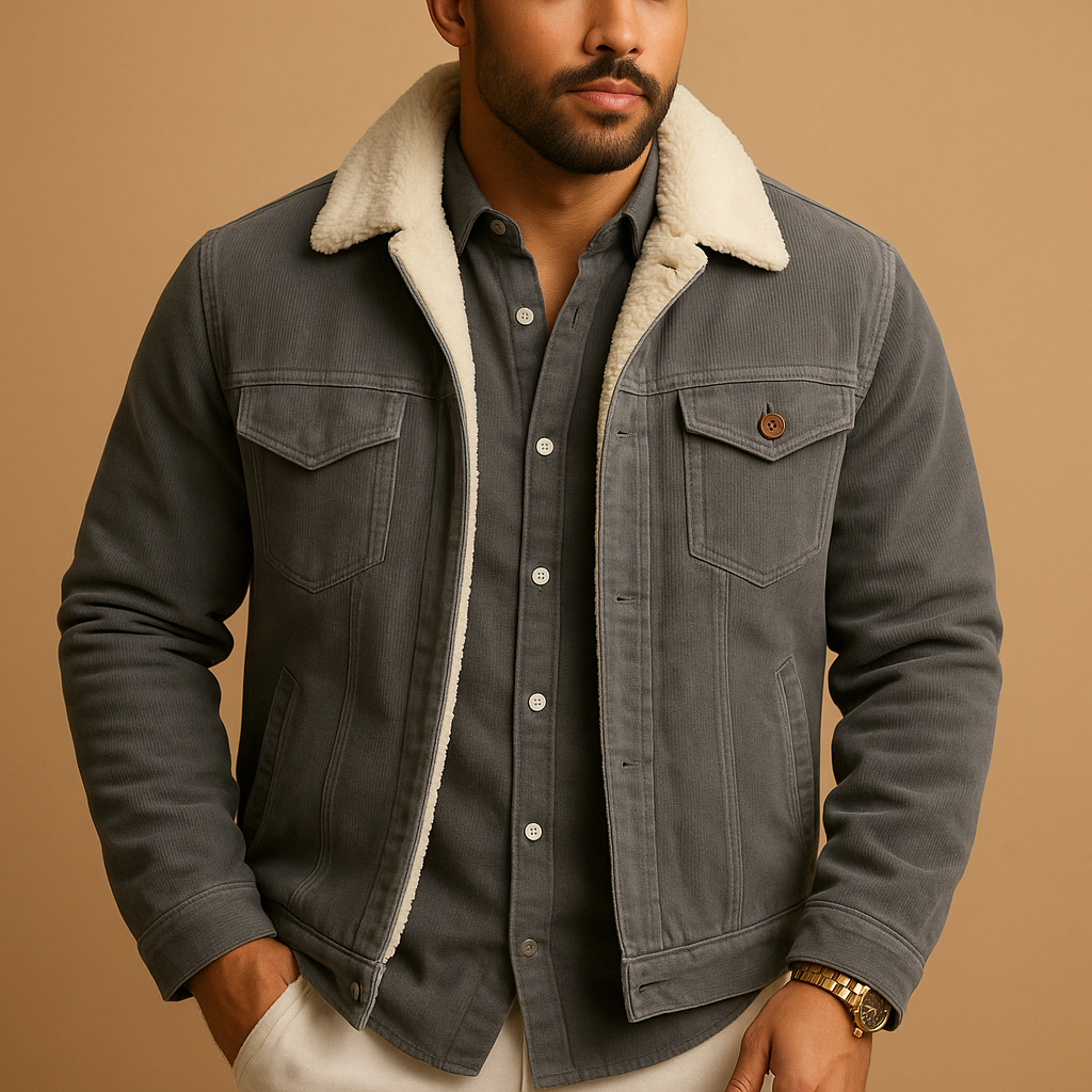 Heren corduroy jas met zachte stof en slanke pasvorm in neutrale kleuren, geschikt voor casual en formele gelegenheden.