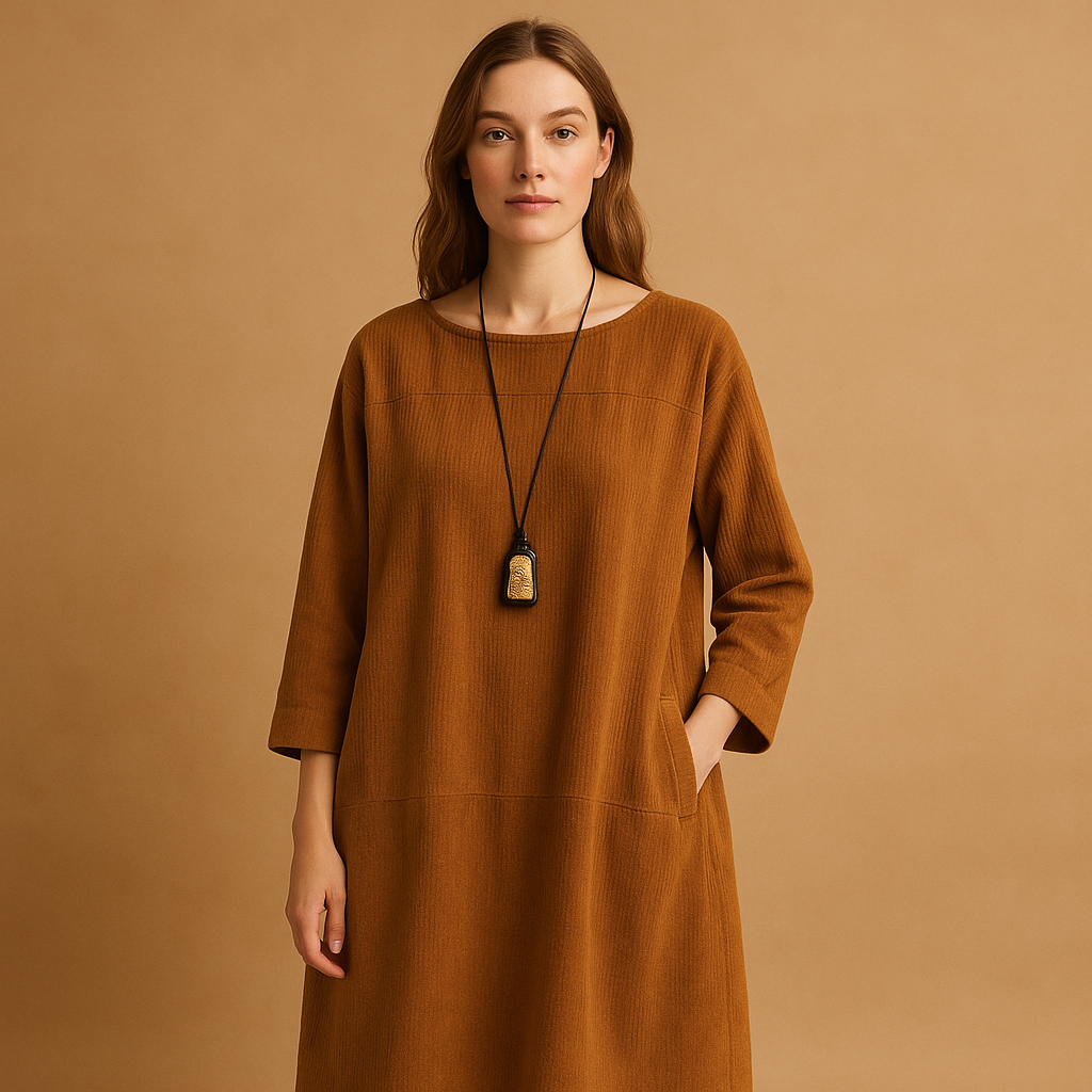 Zomerse damesjurk van corduroy met korte mouwen en knielengte, geschikt voor casual en formele gelegenheden