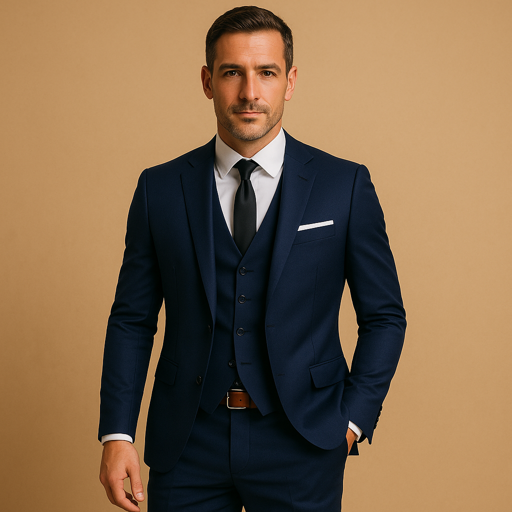 Stijlvol drieledig slim fit herenpak met blazer en broek in zwart, marine of grijs – perfect voor bruiloften en formele gelegenheden.