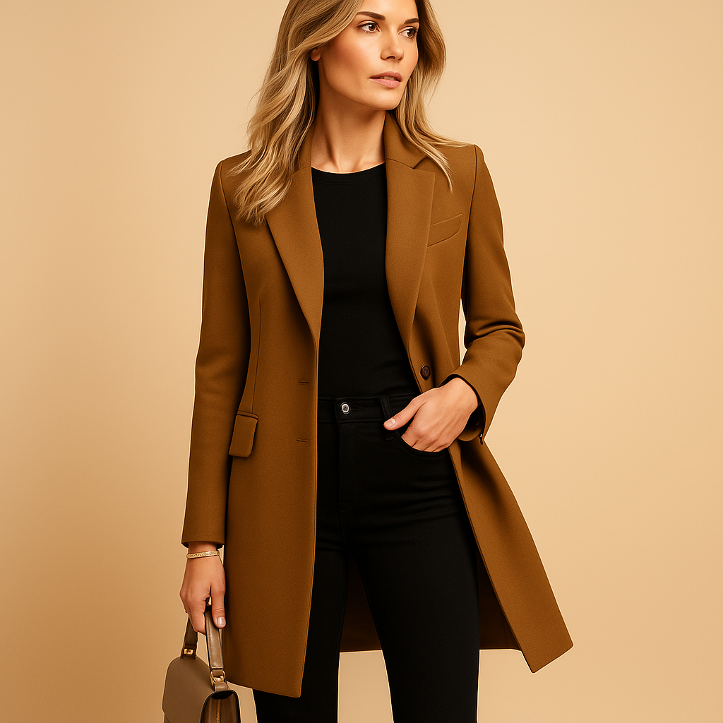 Dubbelgeknoopte trenchcoat voor dames met getailleerd silhouet en klassieke details. Elegant, veelzijdig en ideaal voor dagelijks en formeel gebruik.