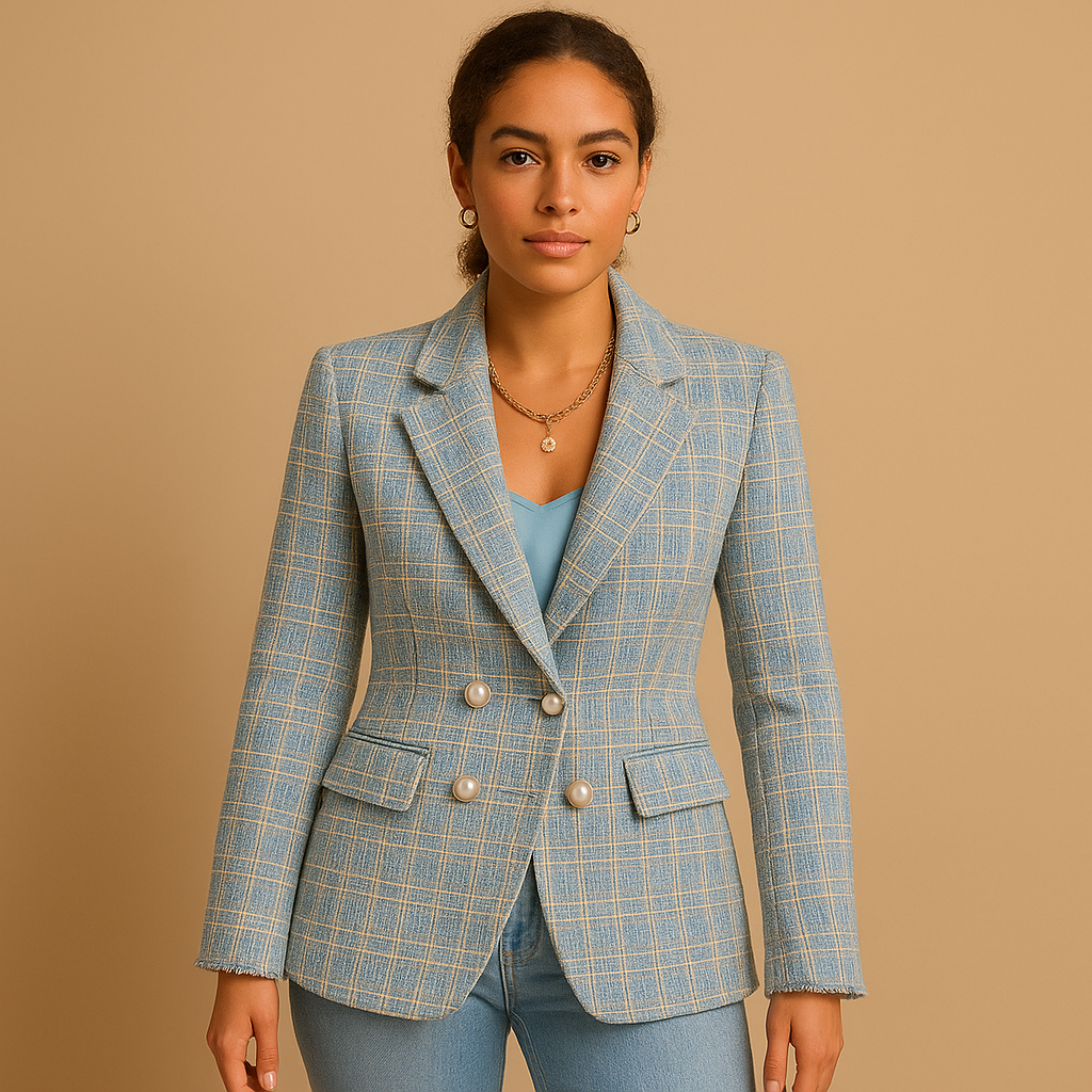 Elegante damesblazer met klassieke pasvorm, ideaal voor werk, zakelijke bijeenkomsten of formele gelegenheden.