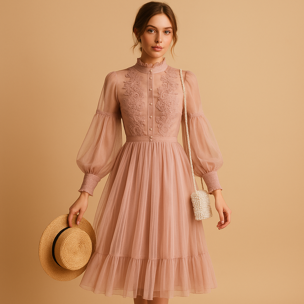 Elegante dames bloemenjurk met opstaande kraag, hoge taille en lantaarnmouwen, perfect voor formele en casual gelegenheden.