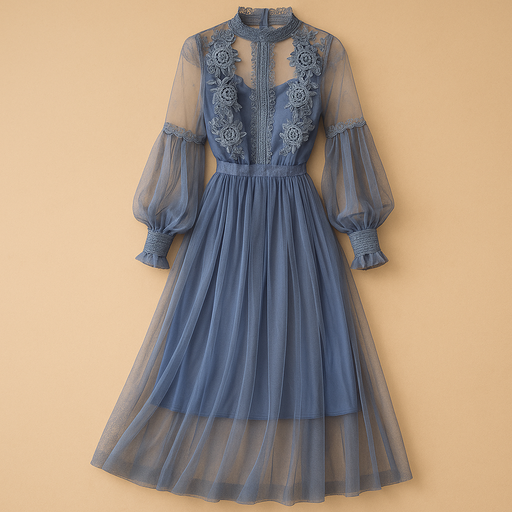 Elegante dames bloemenjurk met opstaande kraag, hoge taille en lantaarnmouwen, perfect voor formele en casual gelegenheden.