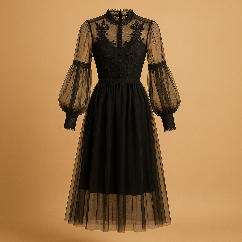 Elegante dames bloemenjurk met opstaande kraag, hoge taille en lantaarnmouwen, perfect voor formele en casual gelegenheden.
