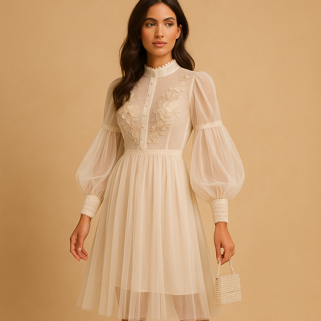 Elegante dames bloemenjurk met opstaande kraag, hoge taille en lantaarnmouwen, perfect voor formele en casual gelegenheden.