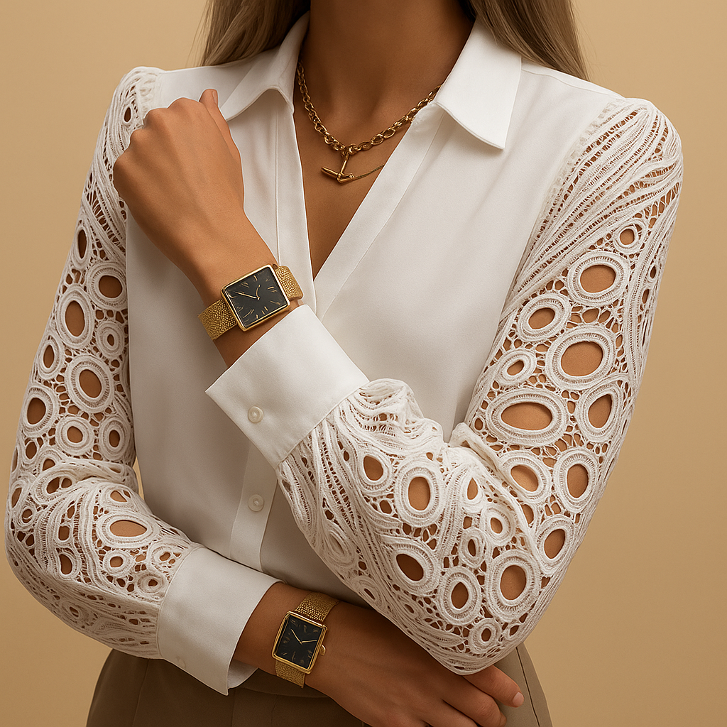 Elegante dames blouse met kanten mouwen en klassieke kraag, ideaal voor werk, formele gelegenheden en avondjes uit.