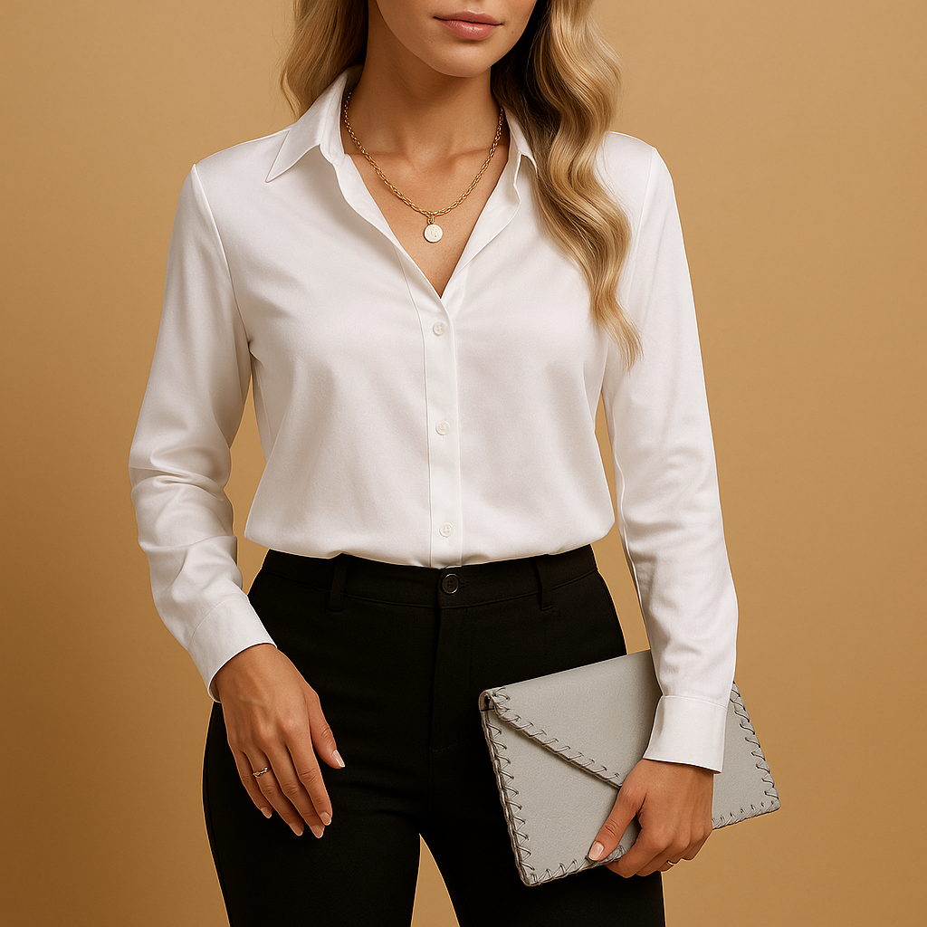 Tijdloze damesblouse met klassieke pasvorm en lichte stof, geschikt voor werk en dagelijkse gelegenheden