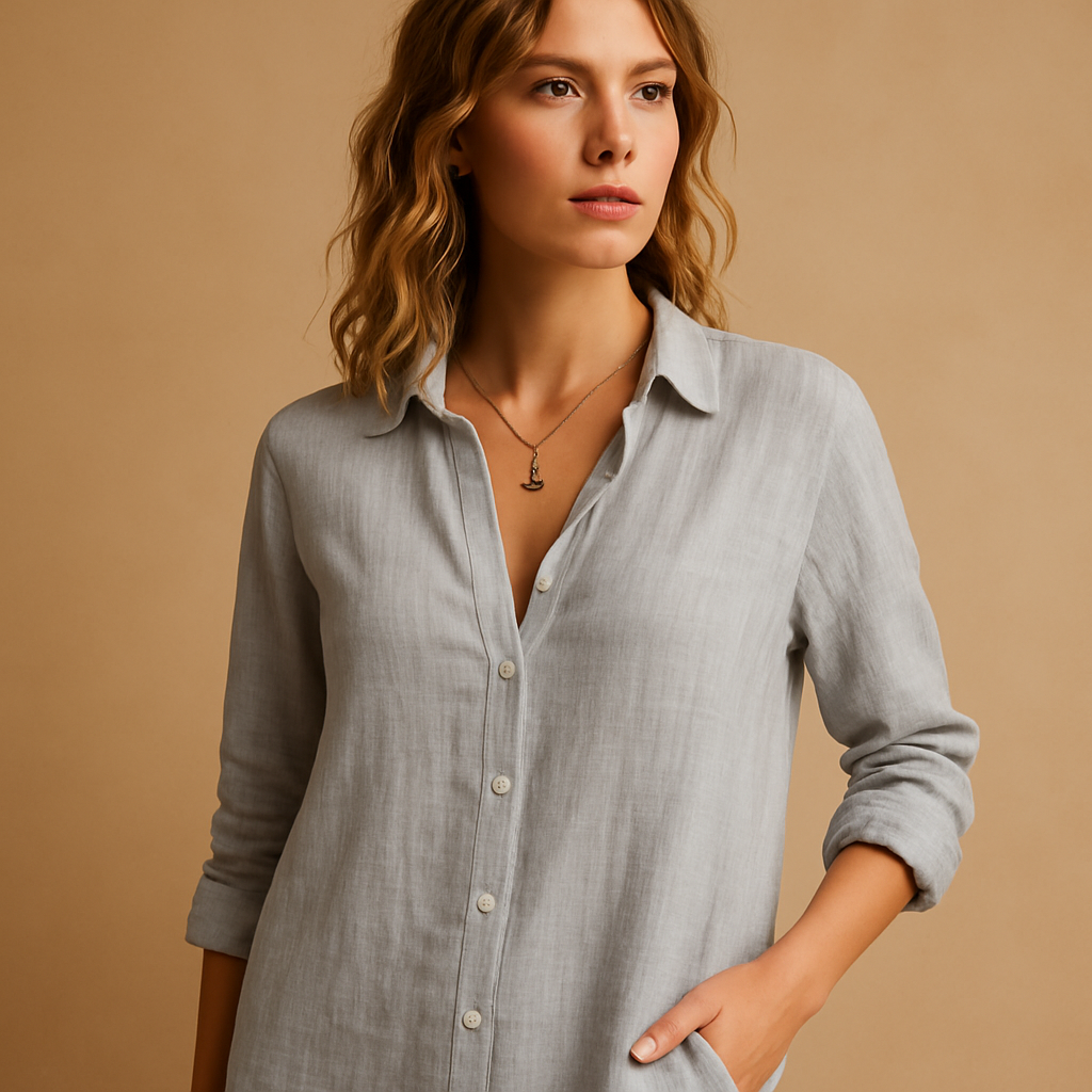 Dames blouse met reverskraag en knoopsluiting in ademende linnenmix, perfect voor casual en formele outfits.