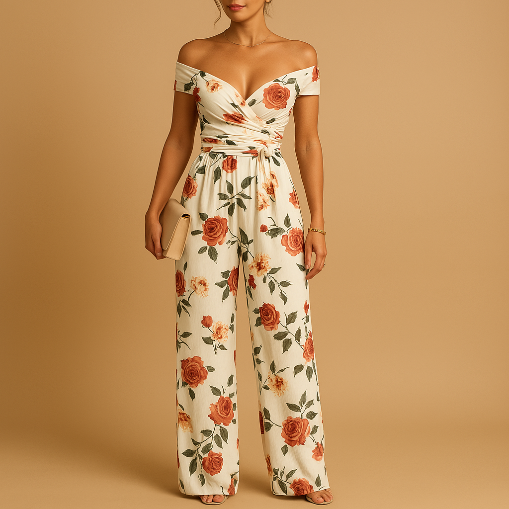 Dames jumpsuit met off shoulder ontwerp en bloemenprint in blauw en rood